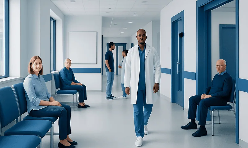 Diverse group of patients and doctor in hospital waiting area.