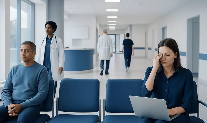 Patients waiting in a hospital corridor with medical staff in the background.