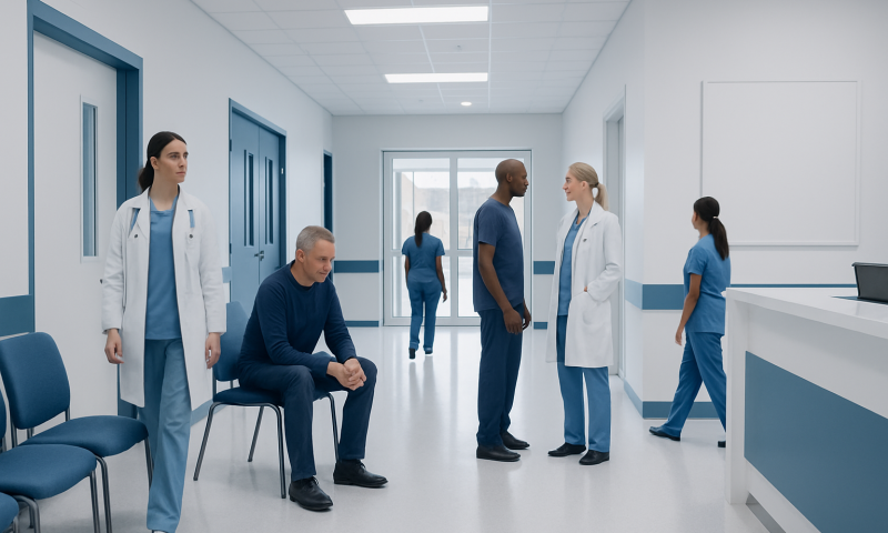 Medical professionals and patients in a hospital corridor.
