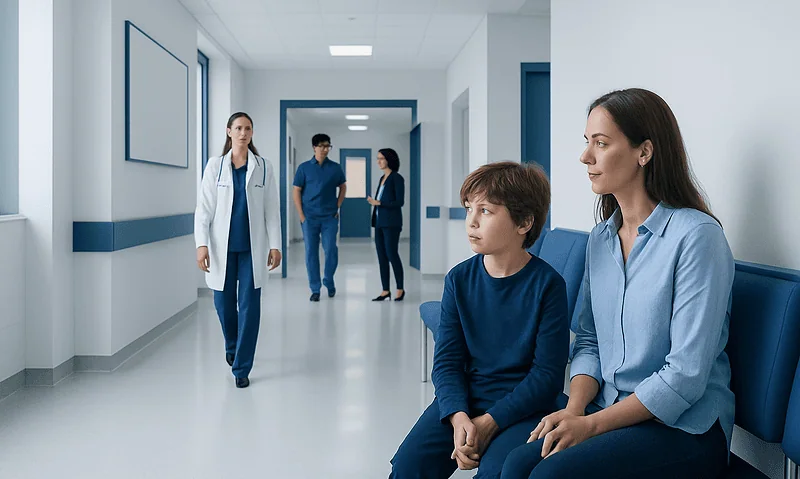 Tremor in Children: Causes and When a Neuropediatric Evaluation Is Needed 6 Child and mother waiting in hospital corridor for neurological evaluation.