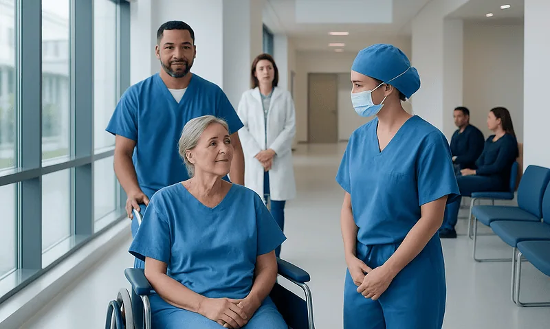Coronary Artery Bypass Surgery for Women: Do Symptoms and Recovery Differ? 4 Medical team discussing patient care in hospital corridor.