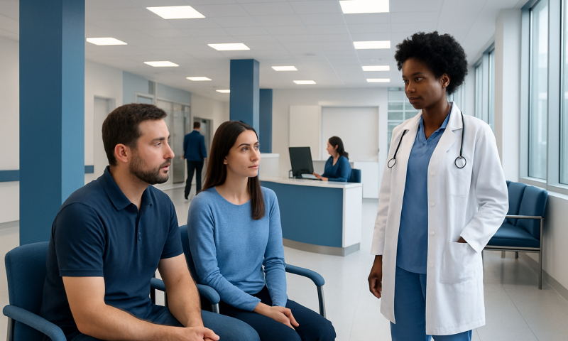 Doctor consulting male and female patients in a modern clinic.