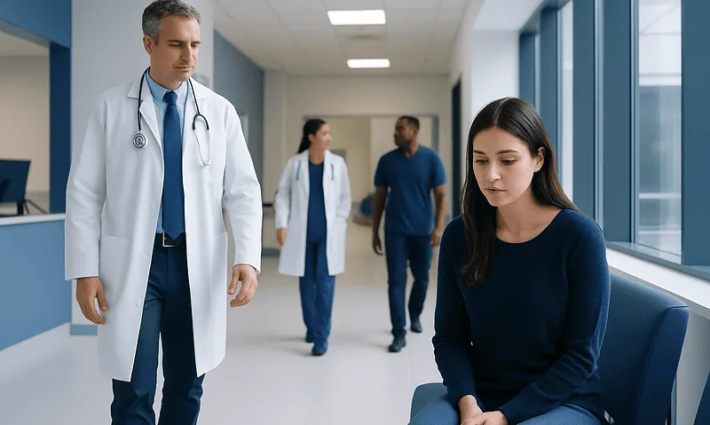 Doctor talking to a young woman patient in a hospital corridor.
