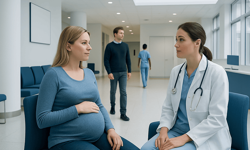 Pregnant woman consulting with a doctor in a hospital corridor.