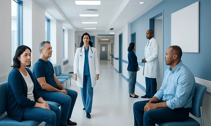 Doctors and patients in a hospital corridor for hemorrhoid consultation.