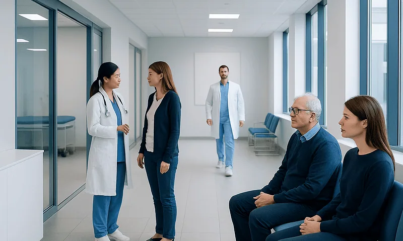 Medical consultation in a modern hospital corridor with healthcare professionals and patients.