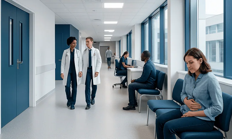 Patients waiting in a hospital corridor with doctors walking by.