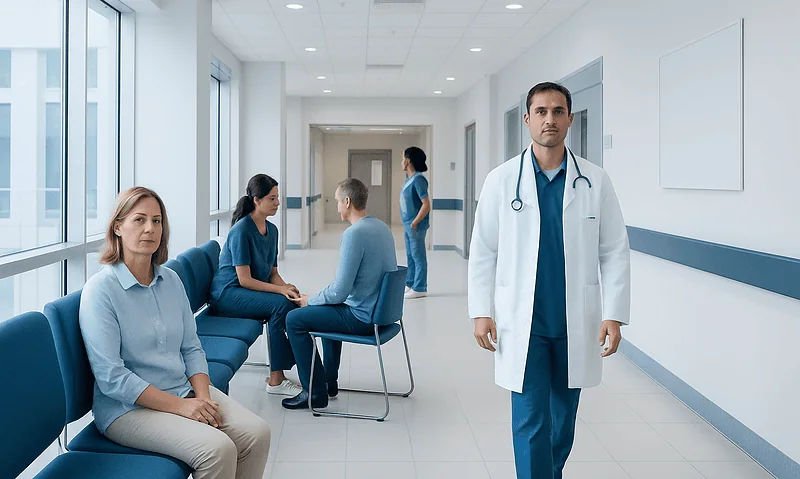 Medical consultation in a modern hospital corridor with doctor and patients.