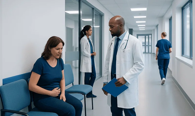 Doctor examining a woman with stomach pain in hospital corridor.