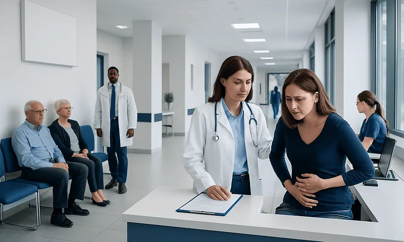 Patient consulting with a doctor in a hospital corridor.
