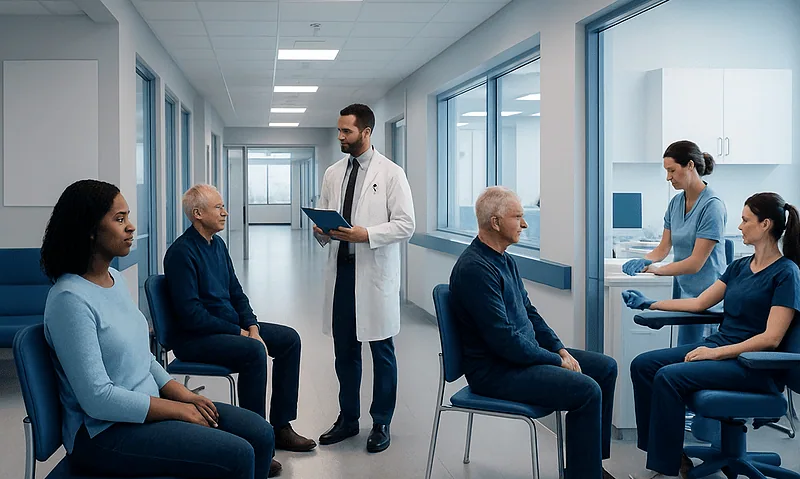 Medical professionals and patients in a hospital corridor during blood test procedures.