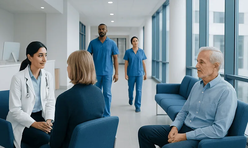 Doctor consulting with elderly patient in hospital corridor.