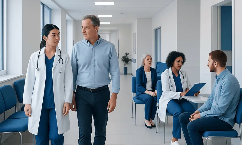 Medical professionals and patient in a hospital corridor for health checkup.