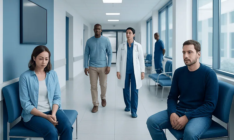 Patients waiting in a hospital corridor with medical staff nearby.