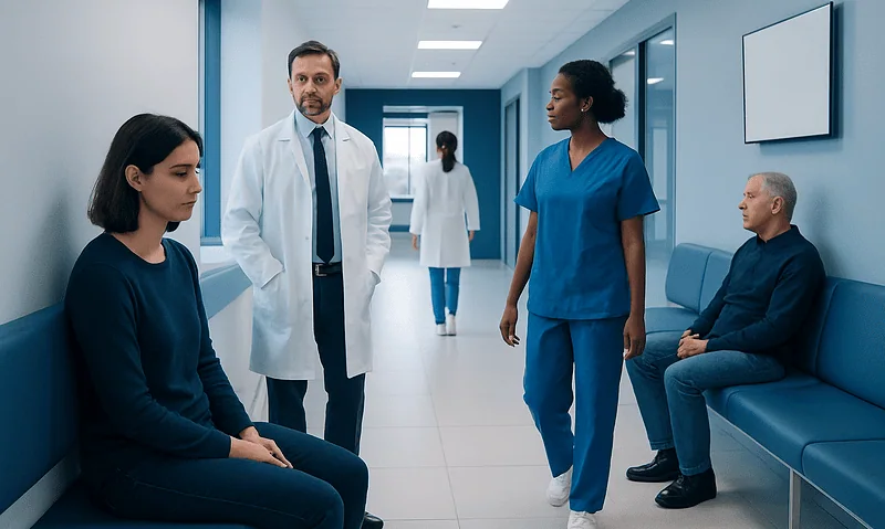 Medical professionals and patients in a hospital corridor.