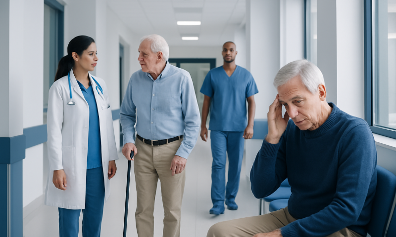 Older man experiencing memory issues in a hospital corridor with medical staff.