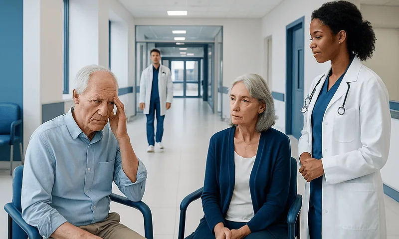 Elderly patients consulting with a doctor in a hospital corridor.