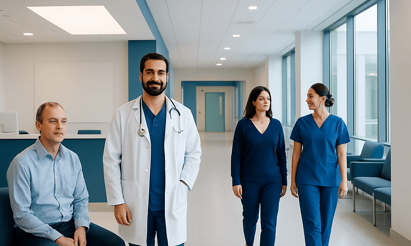 Medical team in hospital corridor with large windows and seating area.