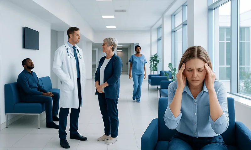 Woman with headache in hospital waiting area with doctors and staff nearby.