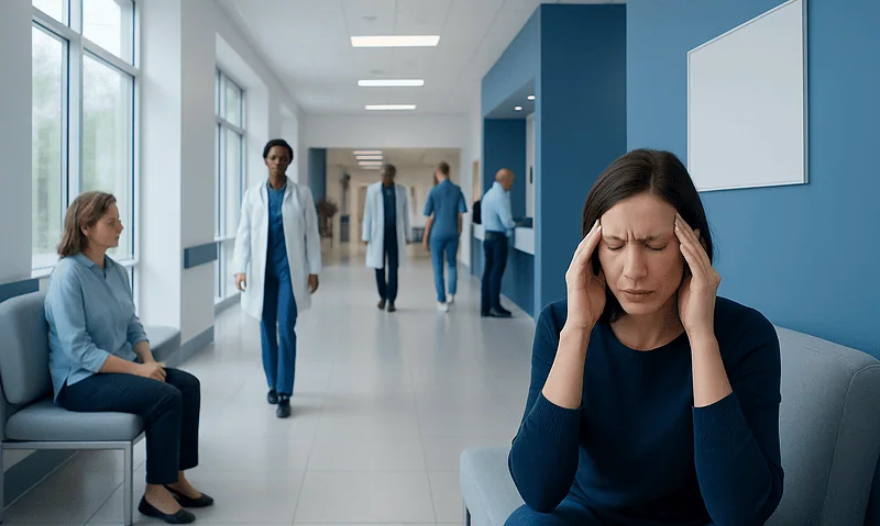 Woman with headache in hospital corridor with medical staff in background.
