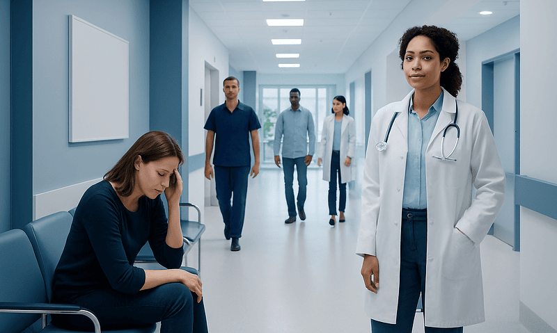 Medical team and patient in hospital corridor, healthcare professionals in background.