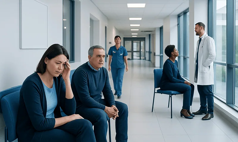 Patients waiting in a hospital corridor with medical staff nearby.