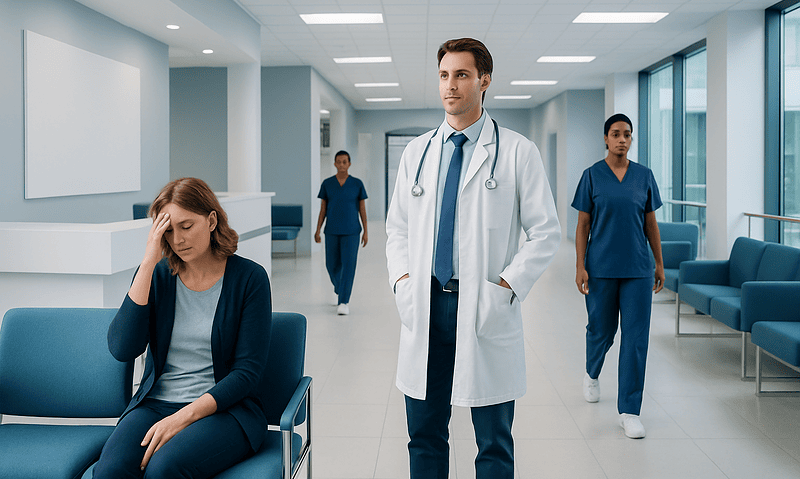 Doctor and nurses in hospital corridor with a patient holding her head.