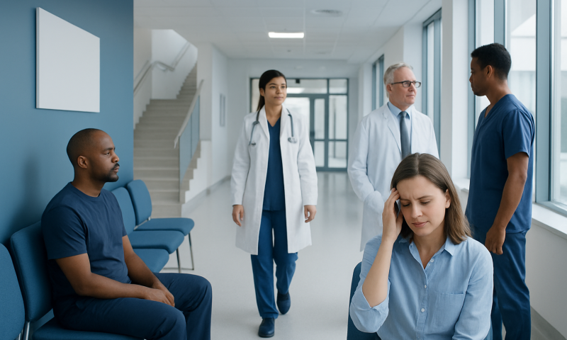 Patients and doctors in a hospital corridor discussing health concerns.