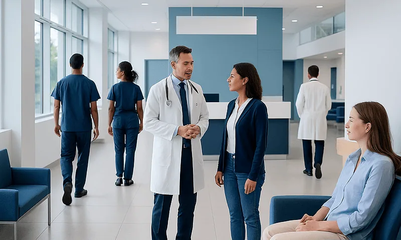 Medical professionals and patients in a modern hospital lobby.