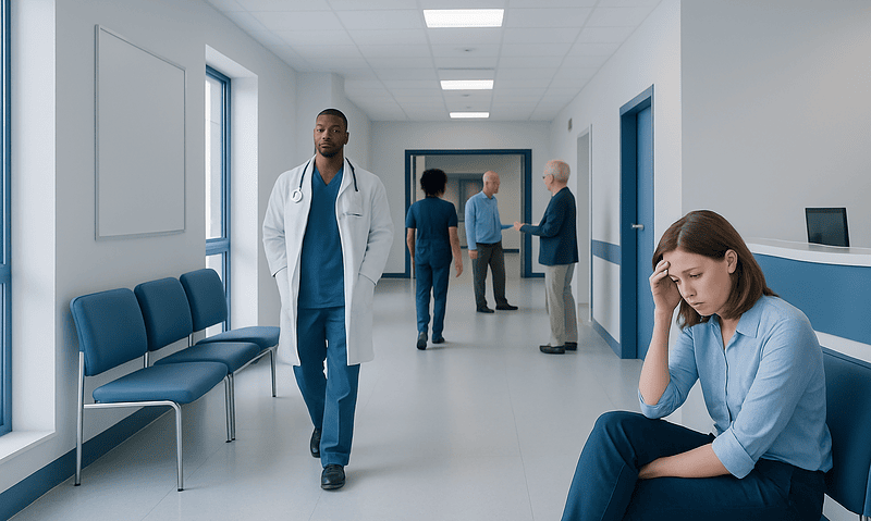 Hospital corridor with healthcare professionals and a patient in distress.