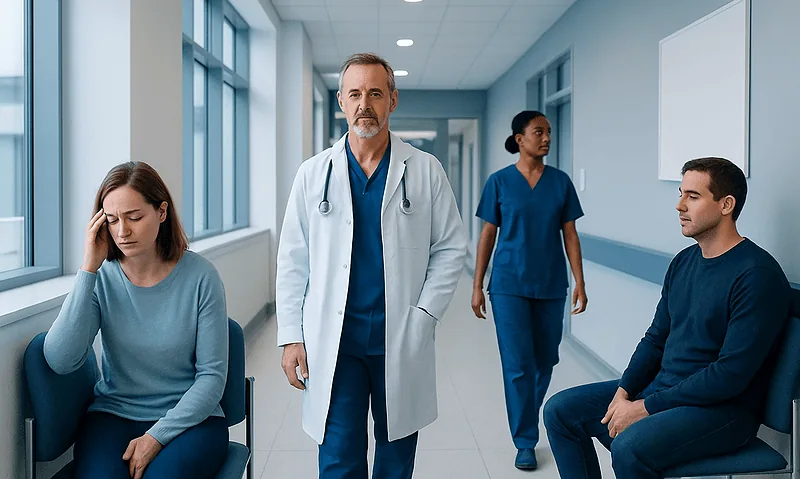 Doctor consulting with patients in a hospital corridor.