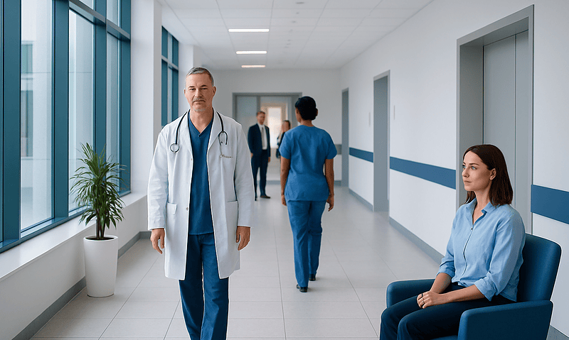 Doctors and nurses in a modern hospital corridor at Acibadem Hospitals Group.