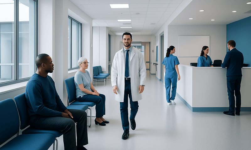 Healthcare professionals and patients in a modern hospital corridor.