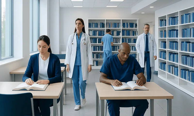 Medical students studying in a modern library with bookshelves and large windows.