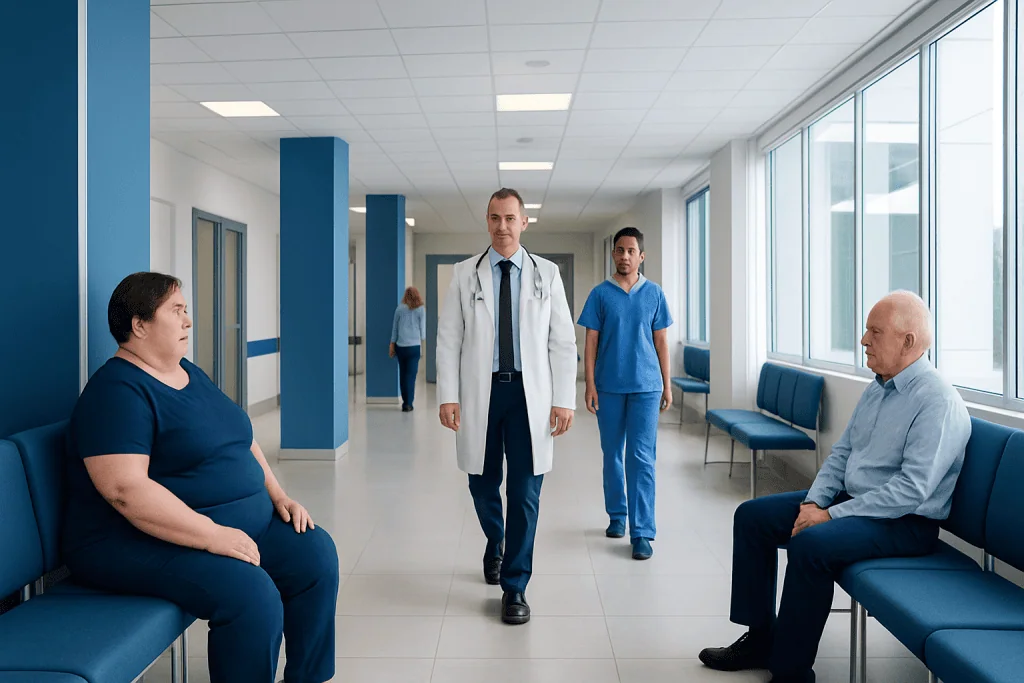 Bariatric Surgery Before Knee or Hip Replacement: Can Weight Loss Improve Outcomes? 1 Doctor consulting with patients in hospital corridor.