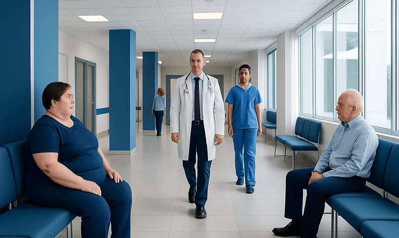 Doctor consulting with patients in hospital corridor.