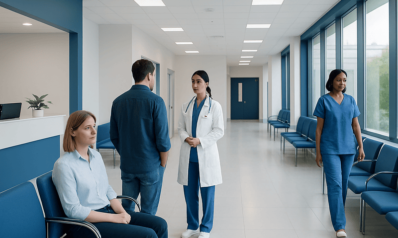 Medical professionals and patient in hospital corridor at Acibadem Hospitals Group.