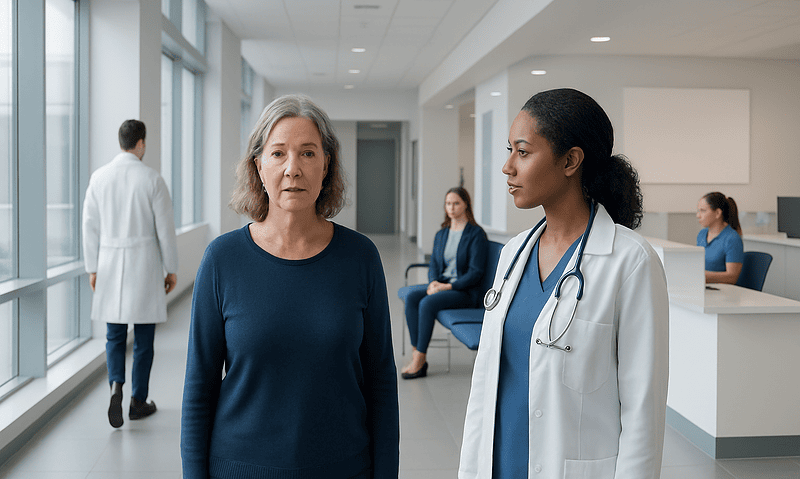 Doctor consulting with a female patient in a hospital corridor.