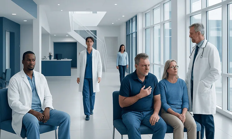 Medical consultation in hospital with patients and doctors discussing symptoms.