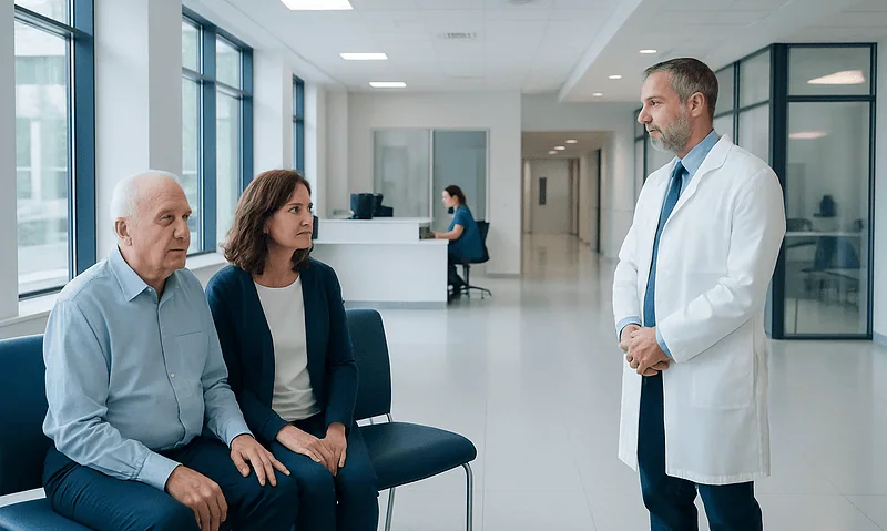 Doctor consulting with elderly patient and companion in hospital corridor.