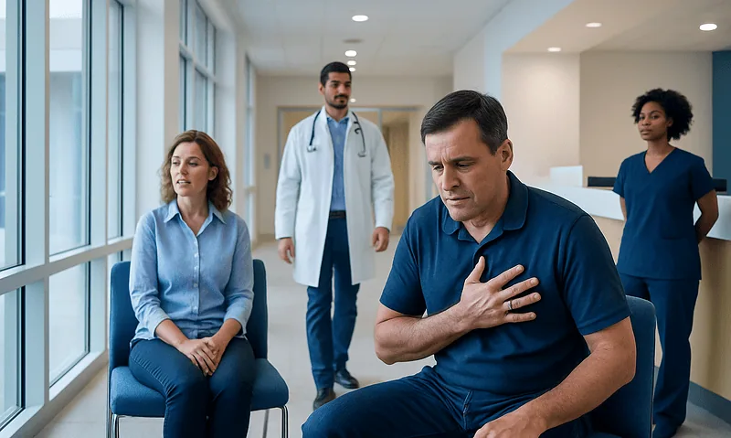 Man experiencing chest pain in a hospital waiting area with medical staff nearby.