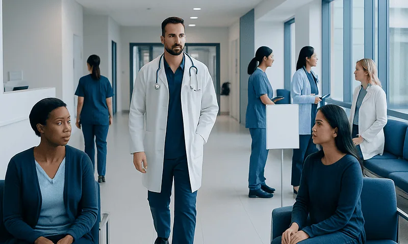 Medical team in hospital corridor with patients and staff.