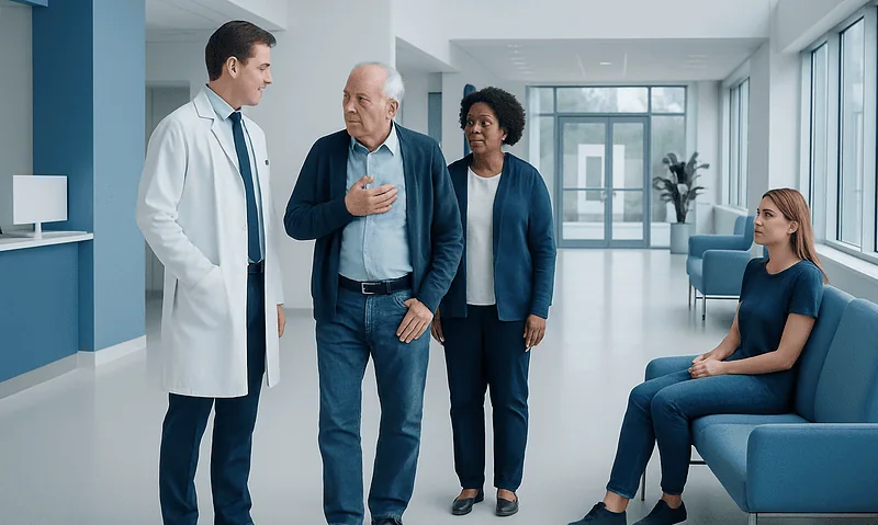 Doctor consulting with elderly patient in hospital corridor.
