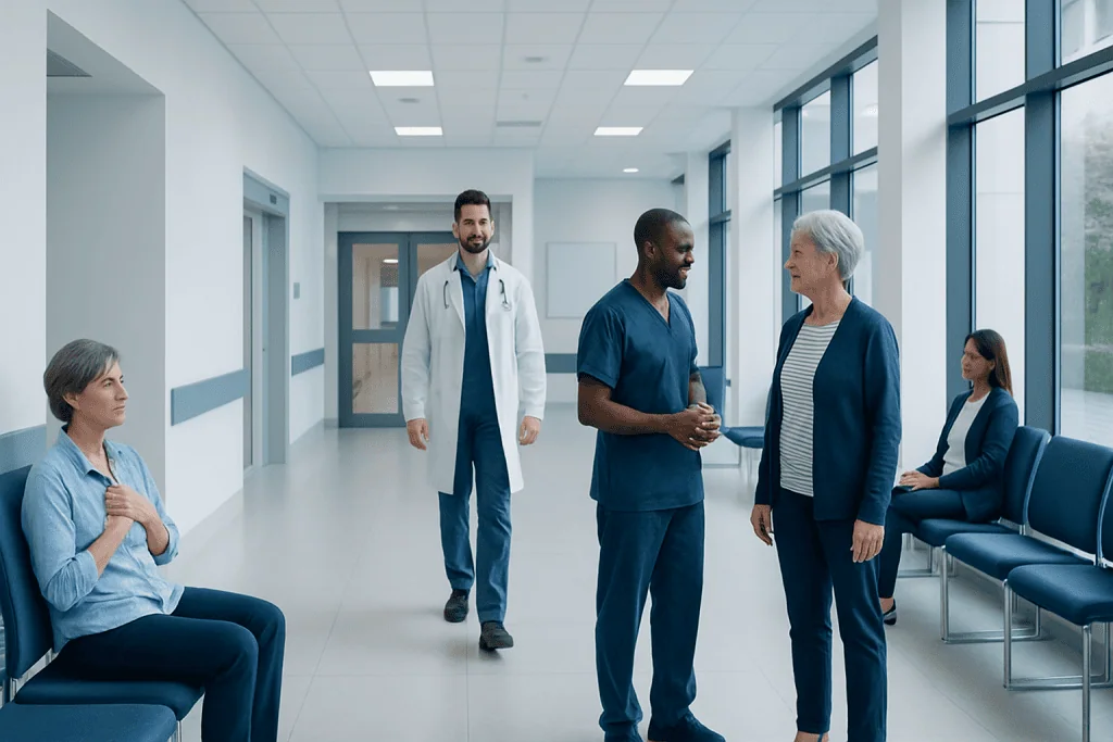 Early Signs of Heart Disease: Symptoms That Should Not Be Ignored 1 Medical professionals and patient in hospital corridor at Acibadem Hospitals Group.