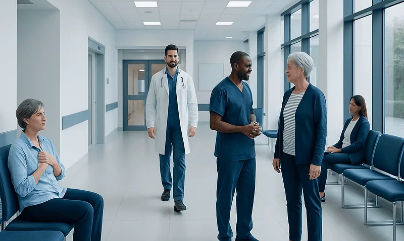 Medical professionals and patient in hospital corridor at Acibadem Hospitals Group.