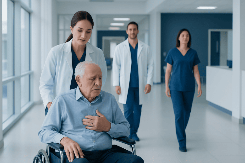 Heart Failure in Older Adults: Symptoms, Frailty, and Treatment Goals 1 Elderly patient in wheelchair with medical team in hospital corridor.