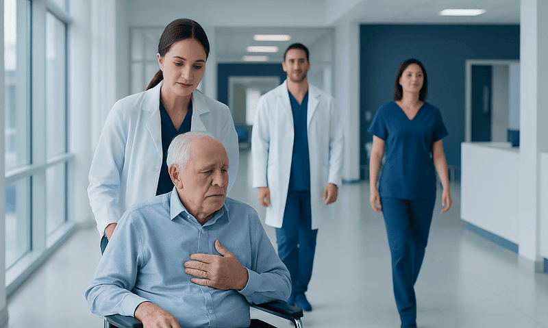 Elderly patient in wheelchair with medical team in hospital corridor.