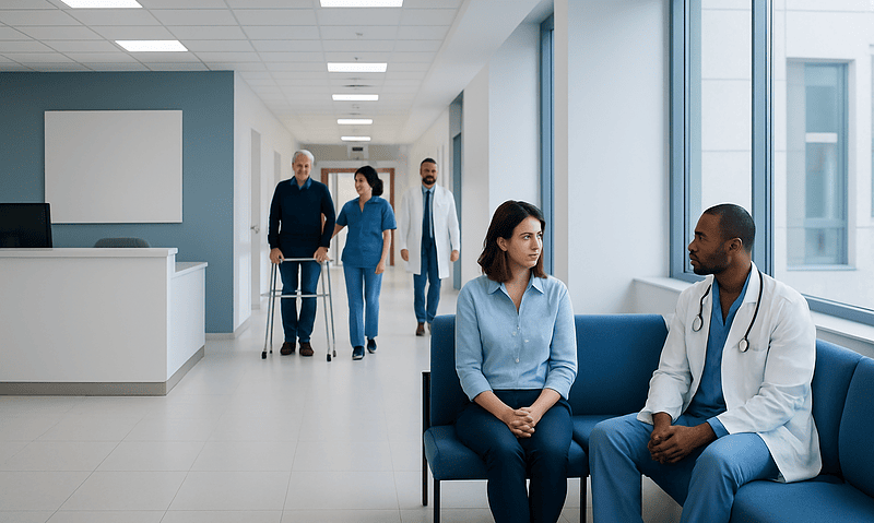 Medical consultation in a modern hospital corridor with healthcare professionals and patients.