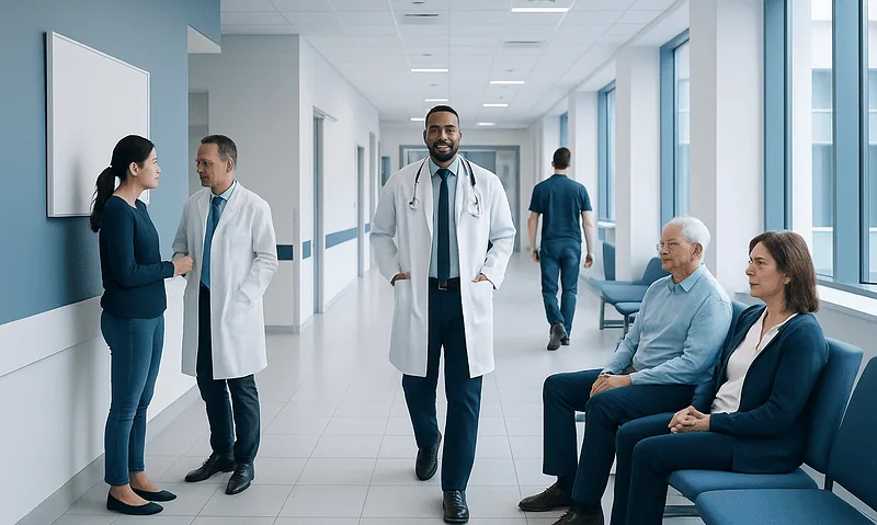 Healthcare professionals and patients in a modern hospital corridor.