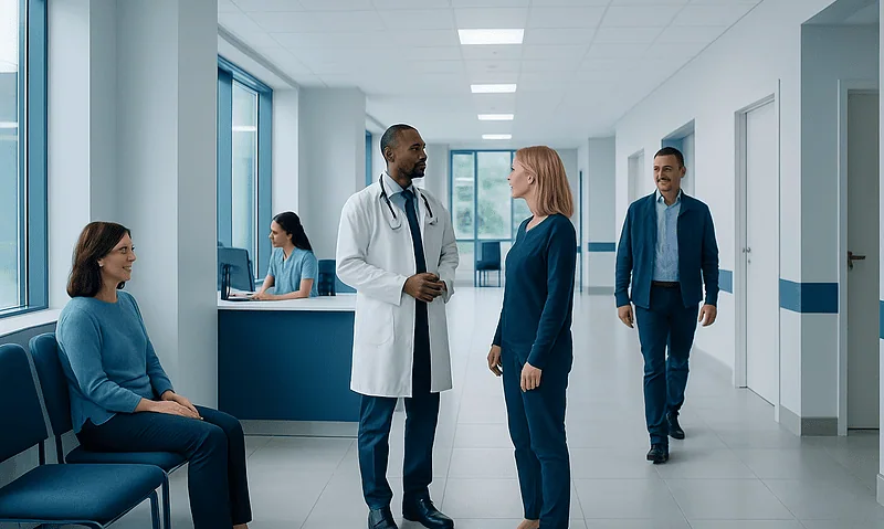 Medical consultation in a hospital corridor with doctors and patients.
